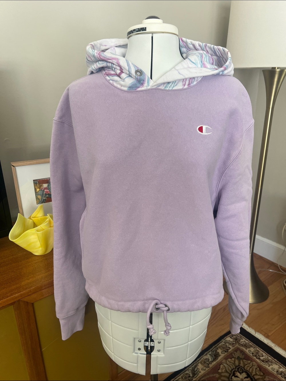 Champion Women's Lavender Crewneck Cropped Hoodie with Marbled Hood Lining
